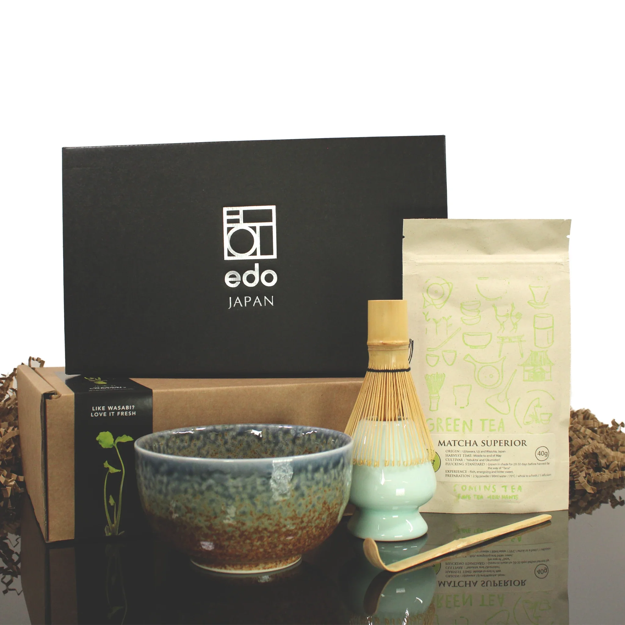 Matcha Tea Set in Blue & Brown with Matcha Tea